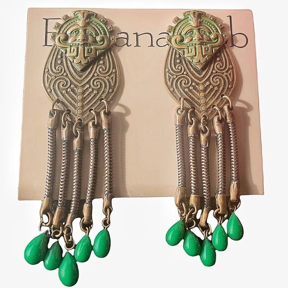 Vintage Banana Bob Aztec theme ox Gold green chandelier clip back earrings - Picture 5 of 8